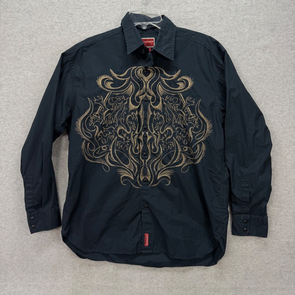 Tommy Hilfiger‎ Shirt Mens Large Black Embroidered Pearl Snap Western Y2K Retro